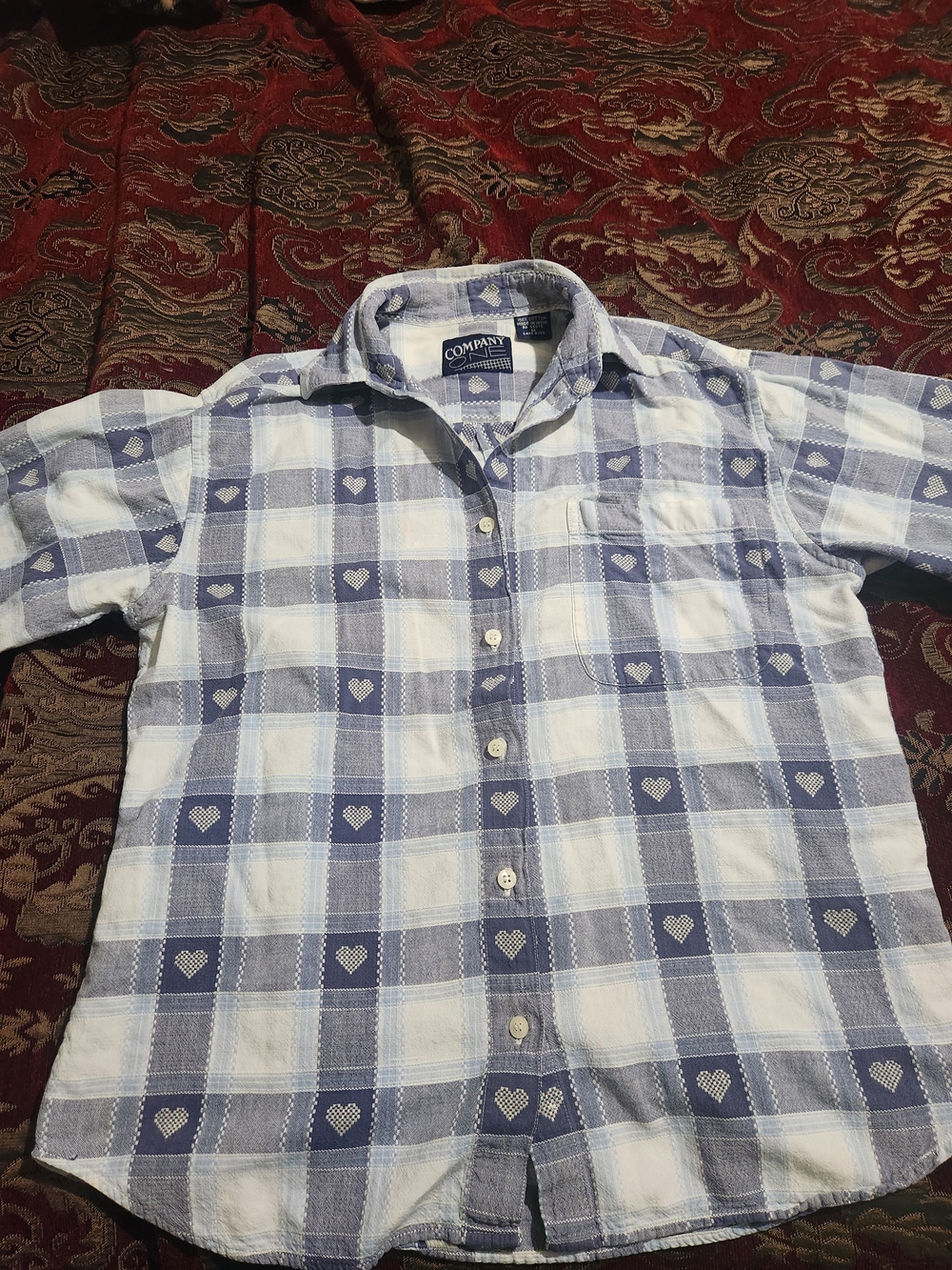 Company Brand %100 Cotton Women's Blue and White Heart Plaid Button-Up Blouse